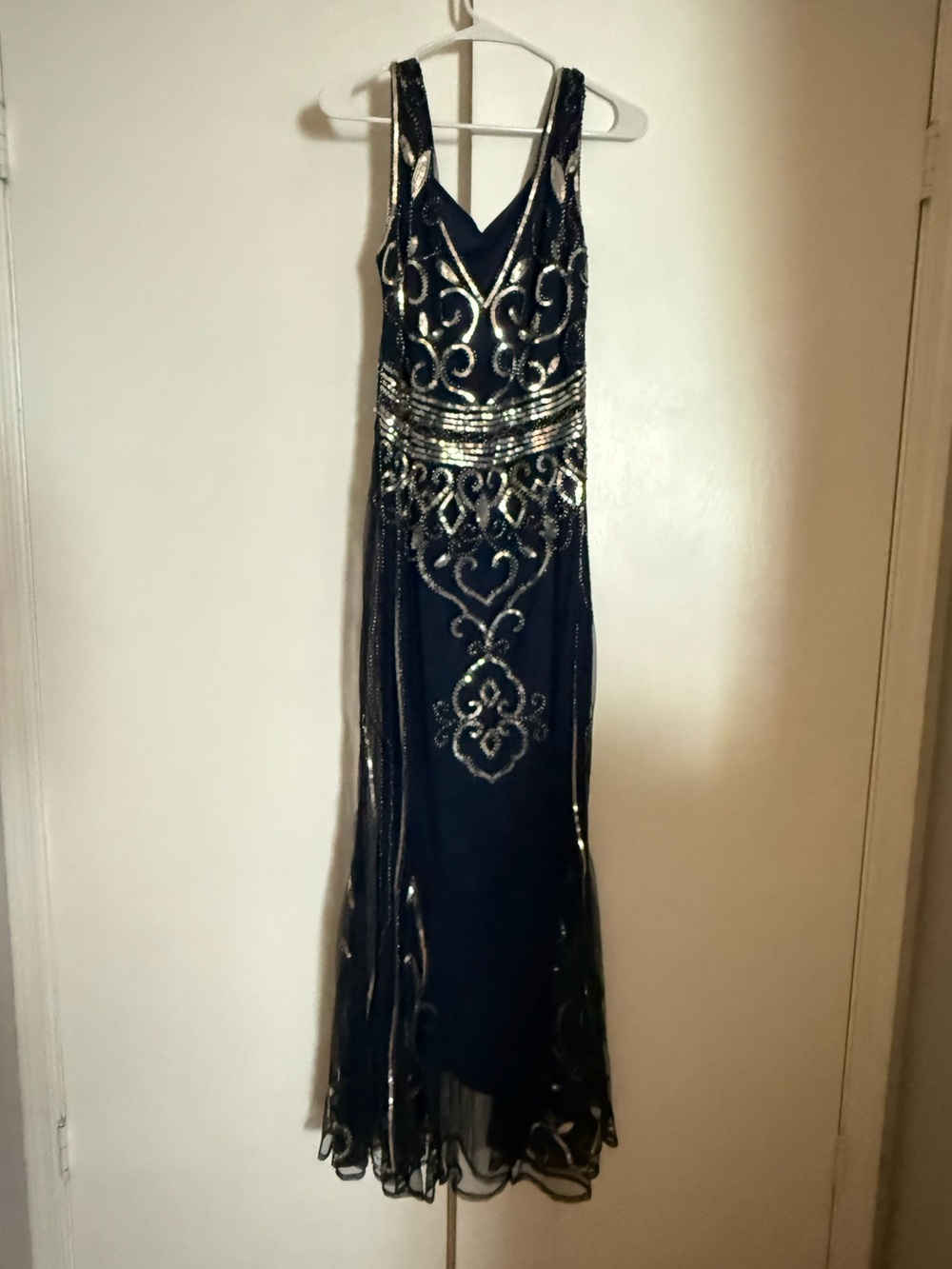 Embellished Blue Maxi Dress with Gold Accents